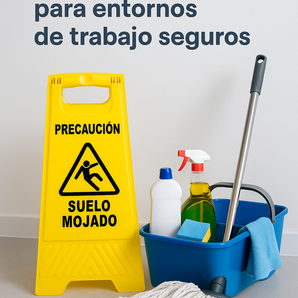 Material de limpieza profesional con señal de advertencia en español Carro de limpieza con productos y señal de “Precaución suelo mojado” en español