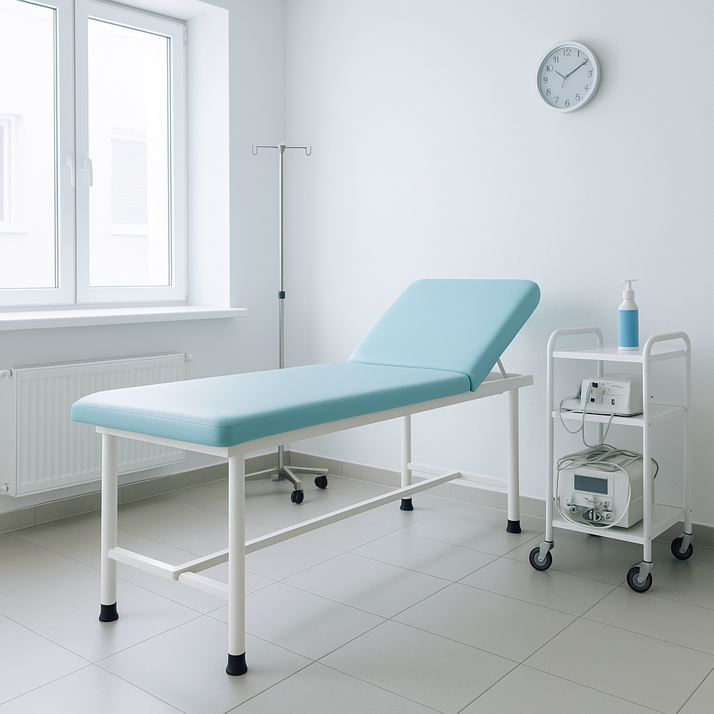 Espacio profesional limpio y ordenado con camilla y equipamiento médico Sala limpia con camilla blanca y mobiliario ordenado en un entorno profesional</p>
<p>