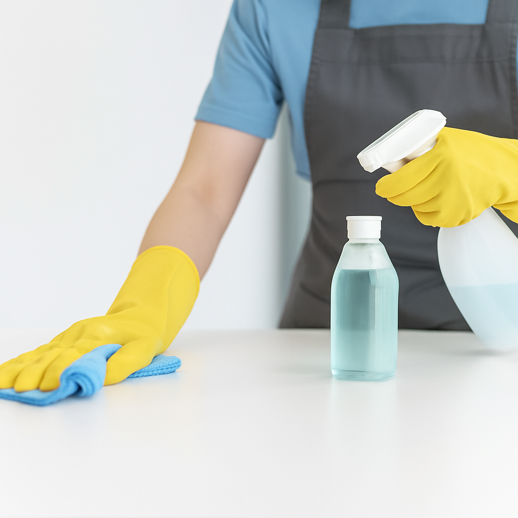 Material de limpieza profesional en entorno laboral limpio y ordenado Material de limpieza profesional con carrito, cubo, guantes y productos de desinfección en un entorno de trabajo limpio<br />